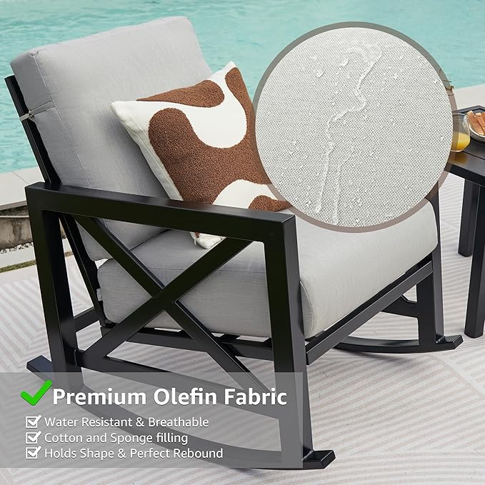 NATURAL EXPRESSIONS Patio Rocking Bistro Set, 3 Piece Outdoor Conversation Furniture Set with 2 Rockers and 1 Metal Coffee Table with Thick Cushions,2 Pack Patio Chair Covers Included