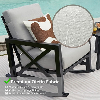 NATURAL EXPRESSIONS Patio Rocking Bistro Set, 3 Piece Outdoor Conversation Furniture Set with 2 Rockers and 1 Metal Coffee Table with Thick Cushions,2 Pack Patio Chair Covers Included