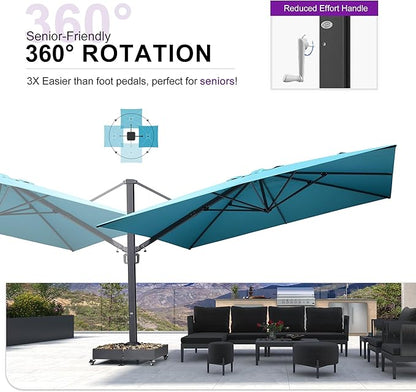 PURPLE LEAF 13 FT Square Patio Umbrella with Base Included Large Cantilever Outdoor Aluminum Offset Umbrella with 360-degree Rotation for Garden Deck Backyard Pool Turquiose Blue