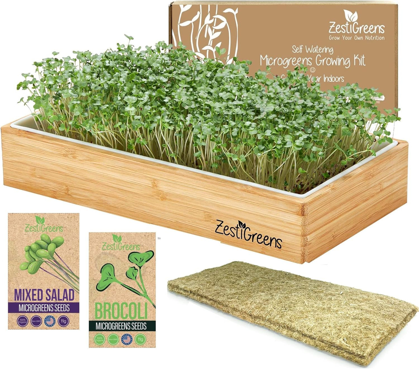 Self-Watering Microgreens Growing Kit – Easiest Way to Grow Fresh Microgreens at Home. Includes Reusable Tray, Organic Seeds, Grow Mats & Stylish Bamboo Frame – No Soil, No Mess (Salad & Broccoli)