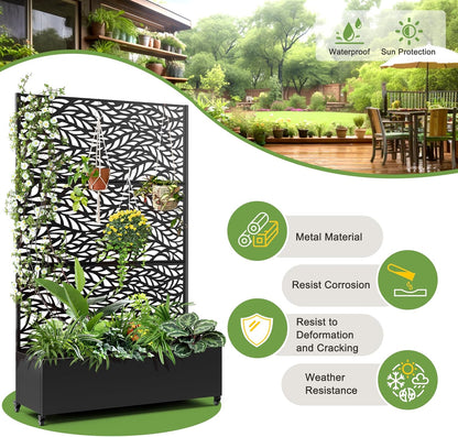 FENCY Metal Raised Garden Bed with Wheels and Trellis,73"x47"x16" Planter Box for Climbing Plants, Vegetables & Vines, Features Privacy Screen and Drainage Holes (Black-Leaf)
