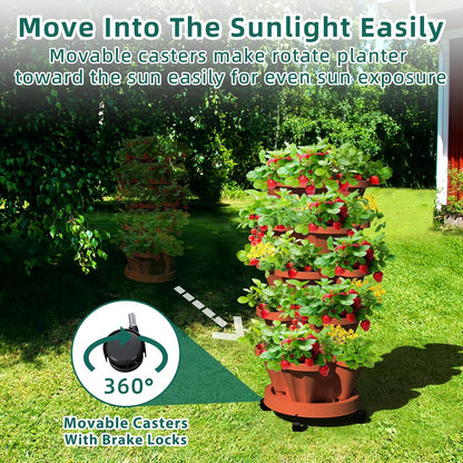 Strawberry Vertical Planter, 5 Tiered Stacking Garden Tower, Stackable Herb Vegetable Planters with Support Pole Indoor and Outdoor - Terra Cotta