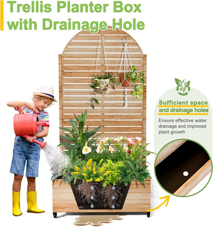 FENCY Metal Raised Garden Bed with Wheels and Trellis,Arched 73"x35"x16" Planter Box for Climbing Plants, Vegetables & Vines, Features Privacy Screen and Drainage Holes (Acacia Wood Finish)