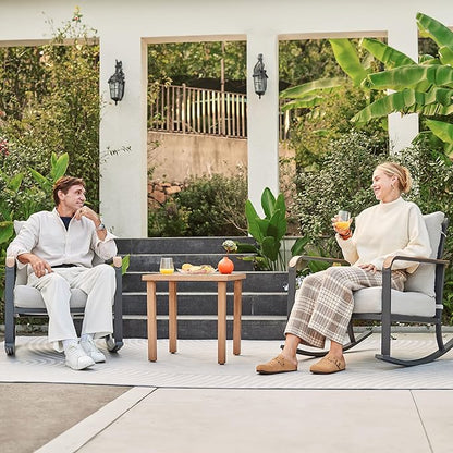 NATURAL EXPRESSIONS Glider Rocking Chair Bistro Set, 3 Pieces Outdoor Patio Furniture Conversation Set with 2 Rocker Chairs, 1 Table and Thick Cushions for Backyard, Porch, Balcony, 350lbs, Grey.