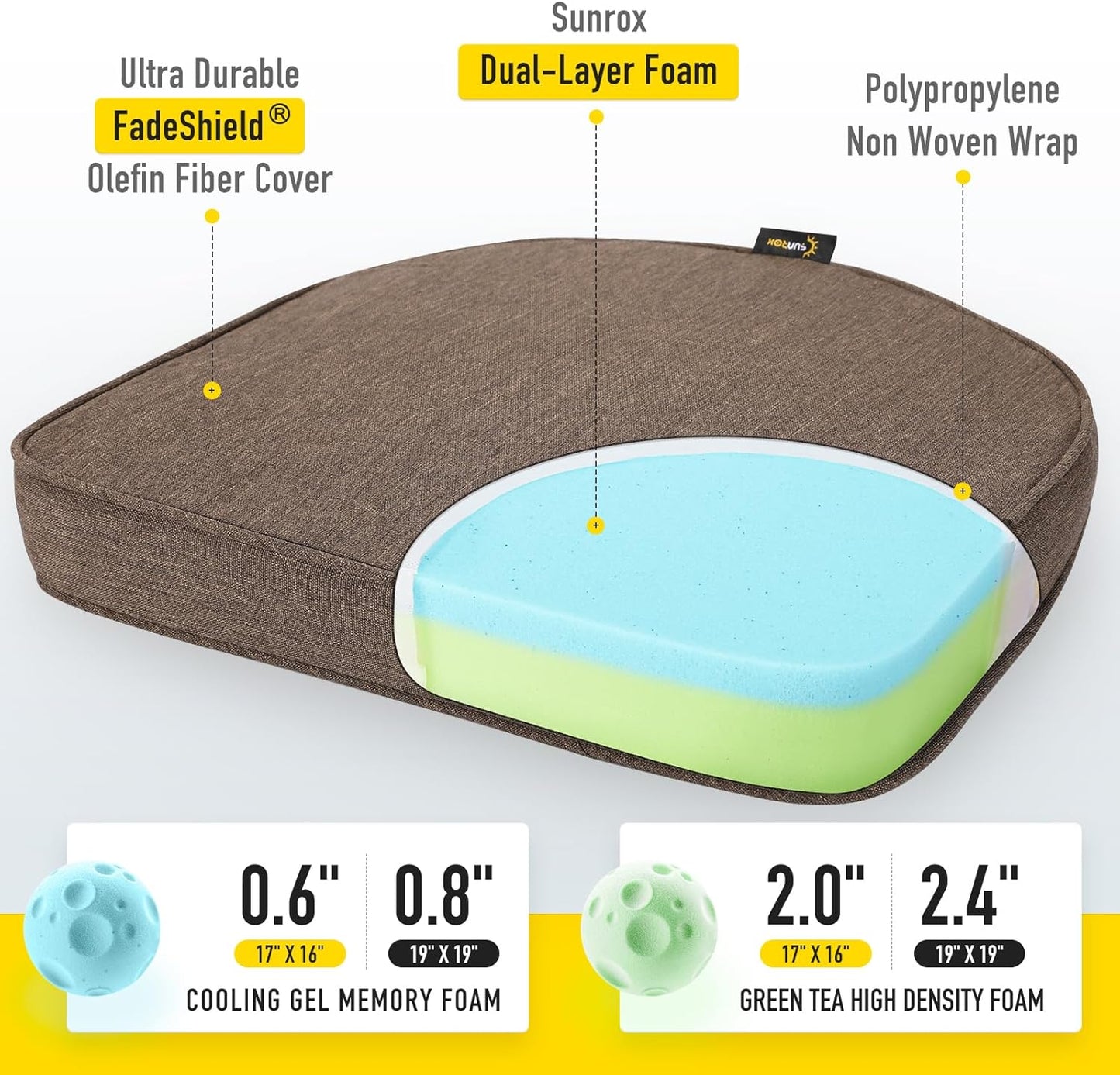 SUNROX Gel Memory Foam Chair Cushions, FadeShield Water-, Stain-Resistant Durable Reversible Seat Cushion Pads with Ties for Indoor/Outdoor Kitchen Dining Office 17"x16" Set of 6, Heather Chestnut