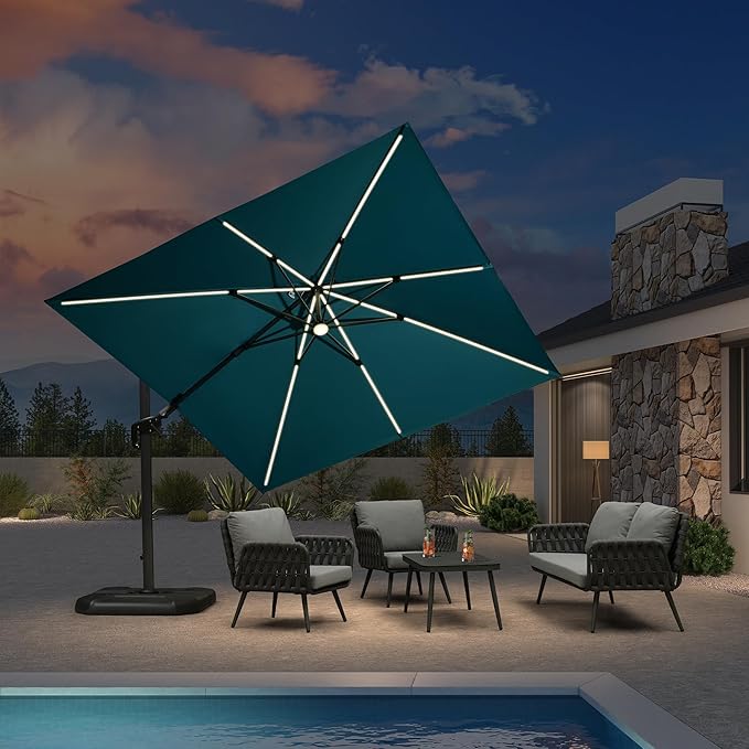 PURPLE LEAF 10 Feet Patio Umbrella Outdoor Cantilever Solar Powered LED Swivel Square Umbrella Aluminum Offset Umbrella with 360-degree Rotation for Garden Deck Pool Patio, Turquoise Blue