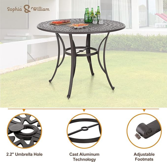 Sophia & William 6-Person Cast Aluminium Patio Bar Height Table Round, Outdoor Tall Bistro Pub Height Table with 2.2" Umbrella Hole for Porch Balcony Backyard, Bronze