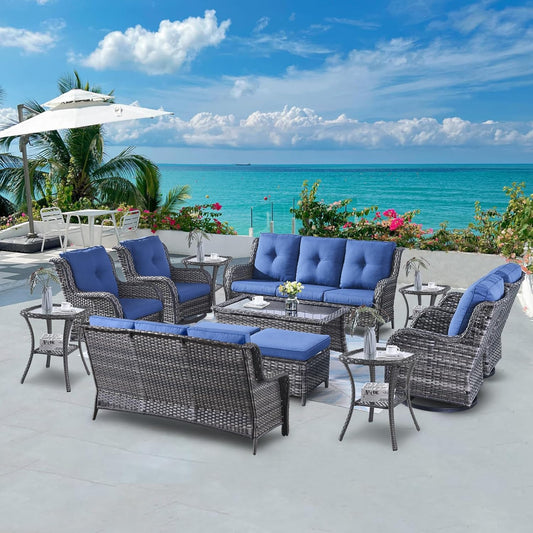 Wicker Patio Furniture Sets - 13 Piece Outdoor Rattan Furniture Conversation Sets with 4 Swivel Rocker Chairs, 2 Rattan Sofas, Wicker Ottomans and Coffee Table, Mixed Grey/Blue