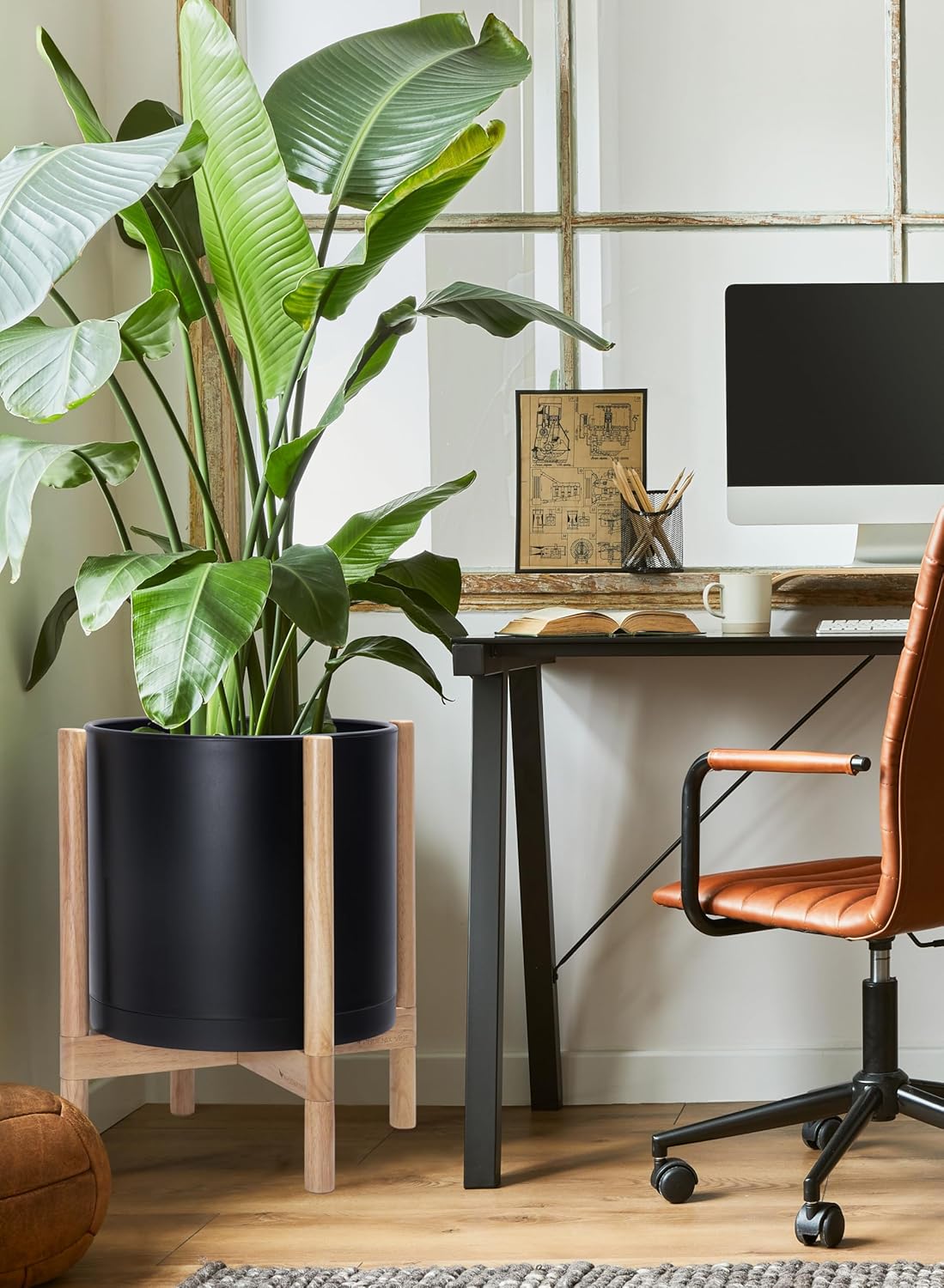 D'vine Dev Planter Pot with Stand - 14 Inch Plastic Cylinder Flower Pot with Wood Planter Holder for Indoor, Matte Black Pot + Natural Stand, 55-C-S-2