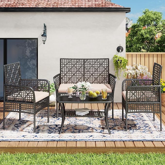 4-Piece Patio Furniture Set, Weather-Resistant Rattan Patio Conversation Set with Two-Tier Coffee Table, Upholstered Openwork Wicker Furniture for Porch, Garden, Lawn, Khaki