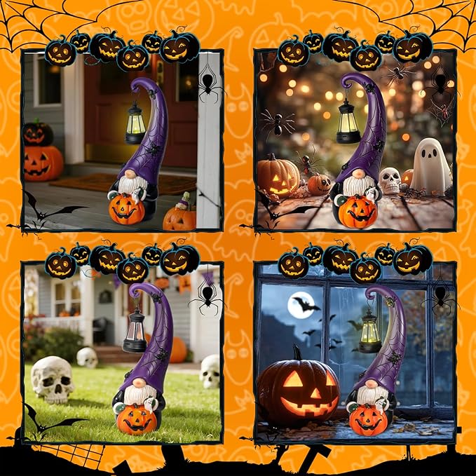 Halloween Decorations Garden Gnomes Statue Holding Pumpkins Decor Funny Gnome Figurines with Solar Light Halloween Party Decorations for Garden Porch Yard Lawn