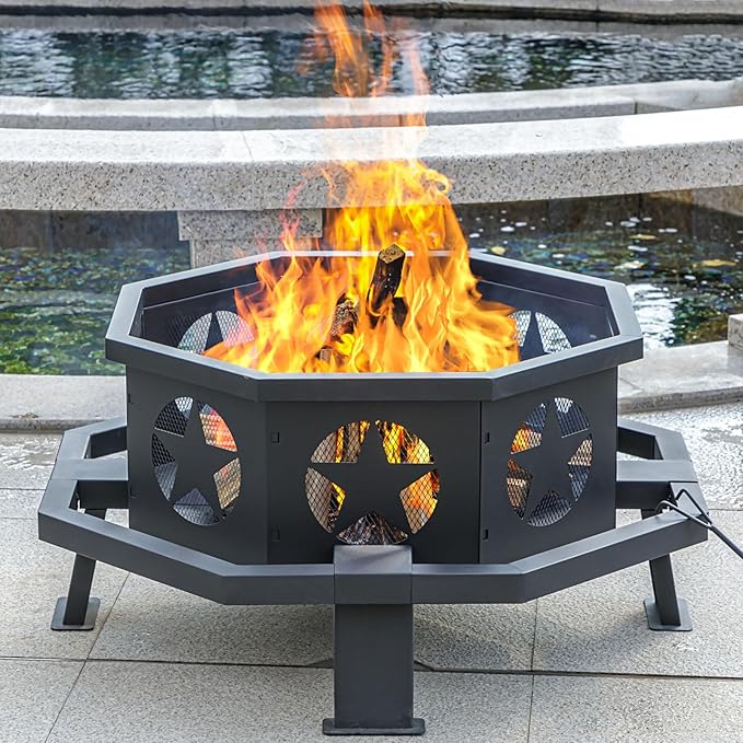 35 inch Fire Pit for Outside, Heavy Duty Wood Burning Fire Pits with Fire Poker, Outdoor Octagonal Firepit for Camping, Yard, Patio