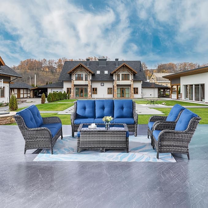Rilyson Outdoor Patio Furniture Sofa Set - 7 PC Rattan Wicker Patio Sectional Conversation Sets with Sofa,Loveseat,Coffee Table,Armrest Chairs and Ottomans for Porch Deck Garden(Mixed Grey/Blue)