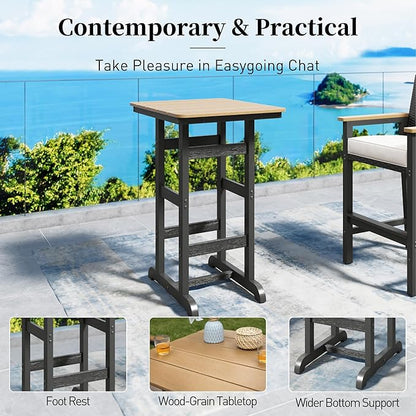 Outdoor Bar Set 3 Piece, All Weather HDPE High Top Table and Wicker Bar Chairs with 3.2” Cushion, Bar Height Patio Set for Backyard Poolside, Black