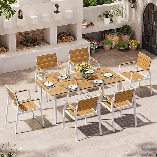 Outdoor Patio Dining Table Sets 7-Piece Aluminum and HDPS All-Weather Table and Chairs with Umbrella Hole, Patio Modern Furniture Sets for Garden, Backyard (White & Teak)