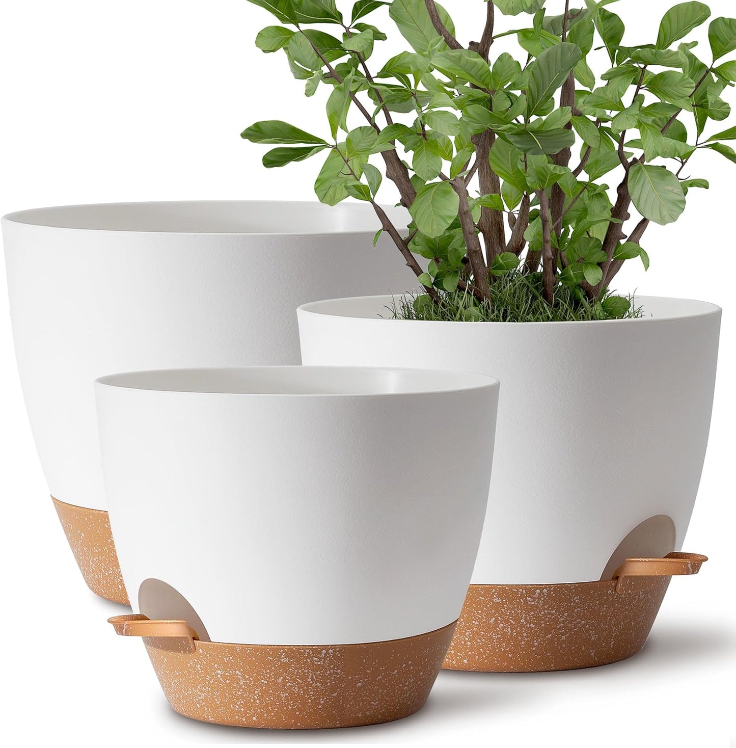 Plant Pots 12/10/9 inch Set of 3, Self Watering Flower Pots Indoor Outdoor, Planters with Drainage Hole Saucer Reservoir, White