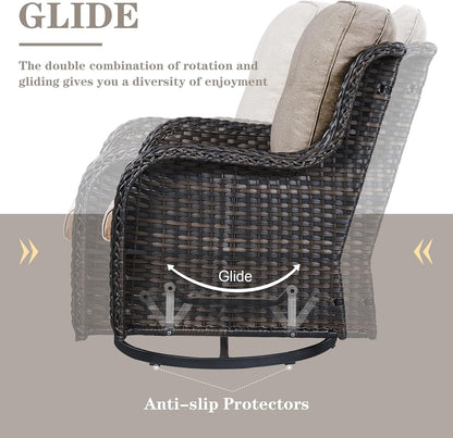 Outdoor Patio Furniture Set with 50000BTU Propane Fire Pit Table, 4 Pieces Wicker Patio Conversation Set with 2 Swivel Rocker Glider Chairs Rattan Sofa Grey Cushion Perfect for Gathering