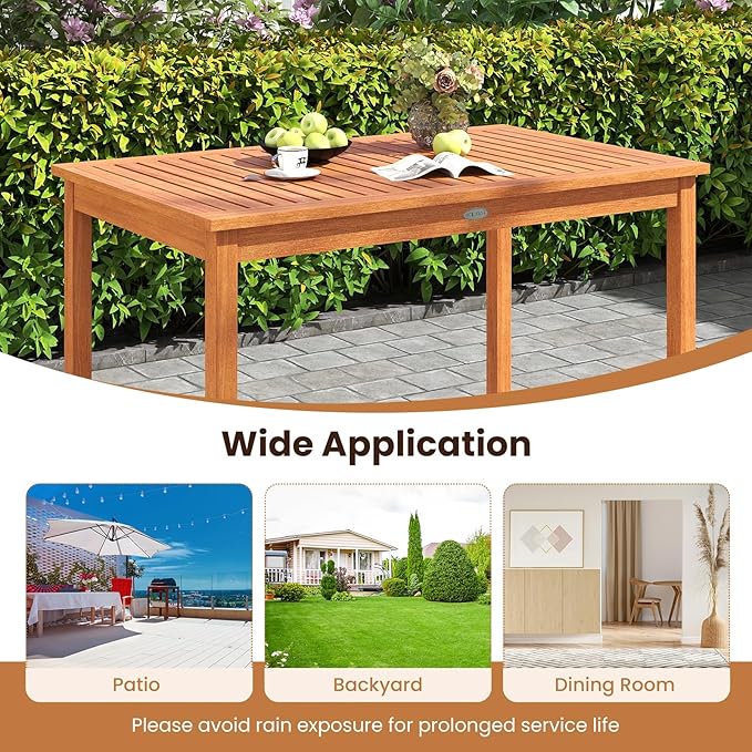 Tangkula Outdoor Dining Table for 4-6 People, 48 Inches Wood Rectangular Patio Table with Slatted Tabletop, Outside Bistro Furniture for Lawn, Garden and Backyard
