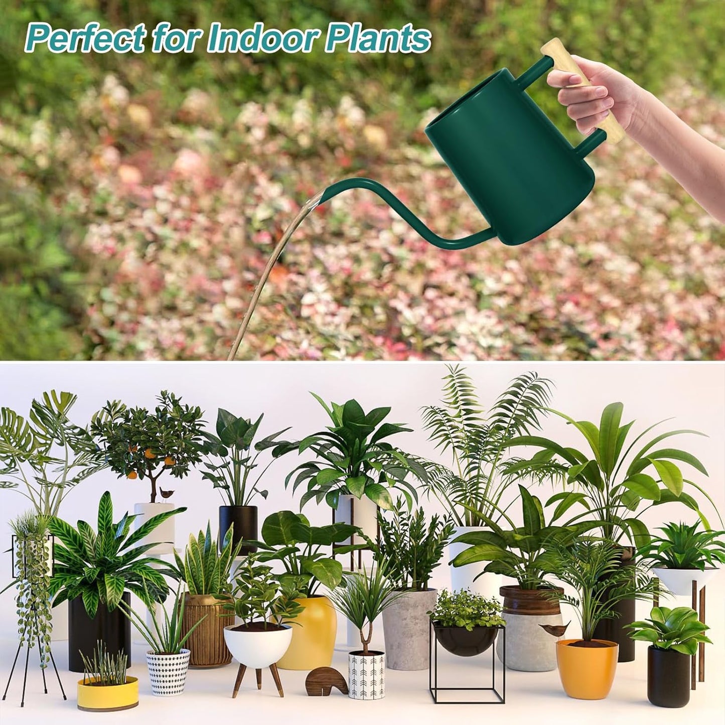 Watering Can Indoor Plants, 35 oz/1000 ml Metal Stainless Steel Watering Can Pot with Long Spout for Indoor House Plants Bonsai Outdoor Garden Flower Decorative (Alpinegreen)