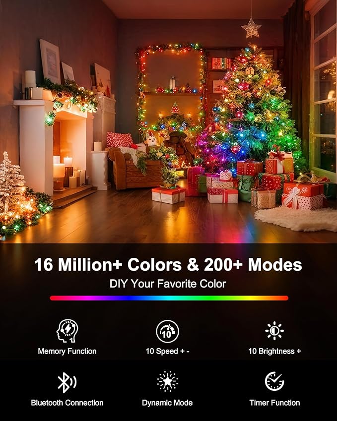 XEWEA Color Changing Christmas String Lights Outdoor, 200 LED 66 Ft Smart RGB Christmas Lights with Remote & App Controlled, Plug in Indoor Outdoor Halloween Xmas Wedding Party