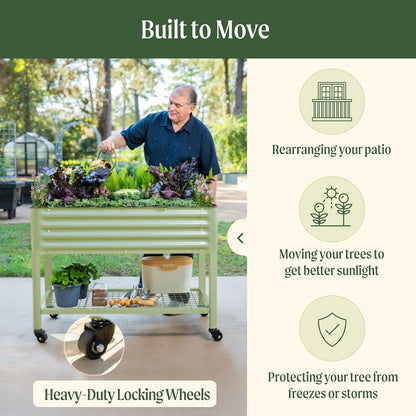 Rolling Elevated Raised Garden Bed-V Series, 2' x 4' Garden Beds with Legs & Storage Rack for Patio & Porch, 700 Lbs Weight Capacity, Outdoor Planter Box for Vegetables Flower Herbs, Olive Green