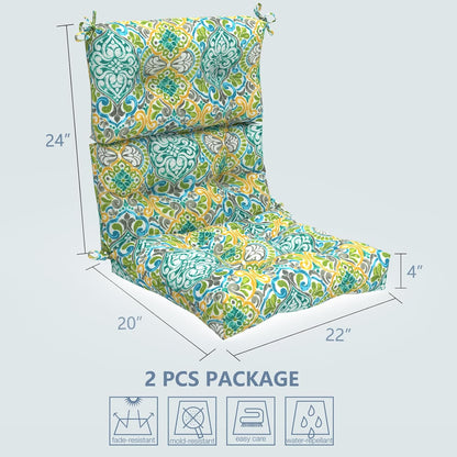 LVTXIII Outdoor Seat/Back Chair Cushion Patio Tufted High Back Cushion, Seasonal Replacement Rocking Chair Cushion with Ties (22” W x 20D”, Set of 2, Damask Green)