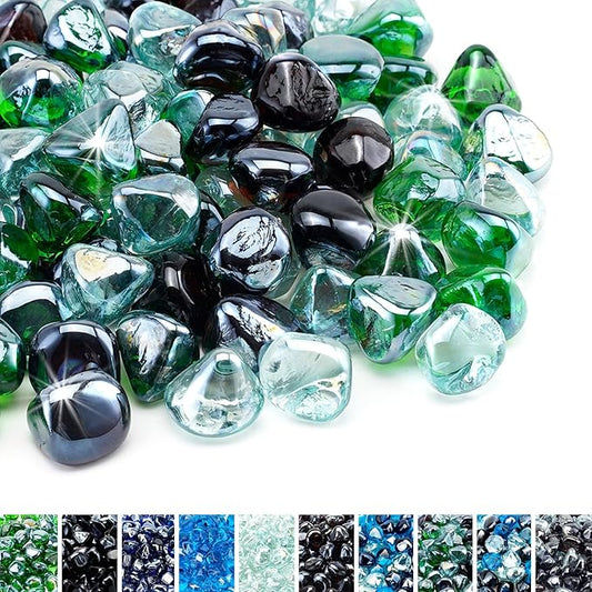 Skyflame 10-Pound Blended Fire Glass Diamonds for Fire Pit Fireplace Landscaping, 1/2 Inch Emerald Green, Crystal Ice, Amber Luster