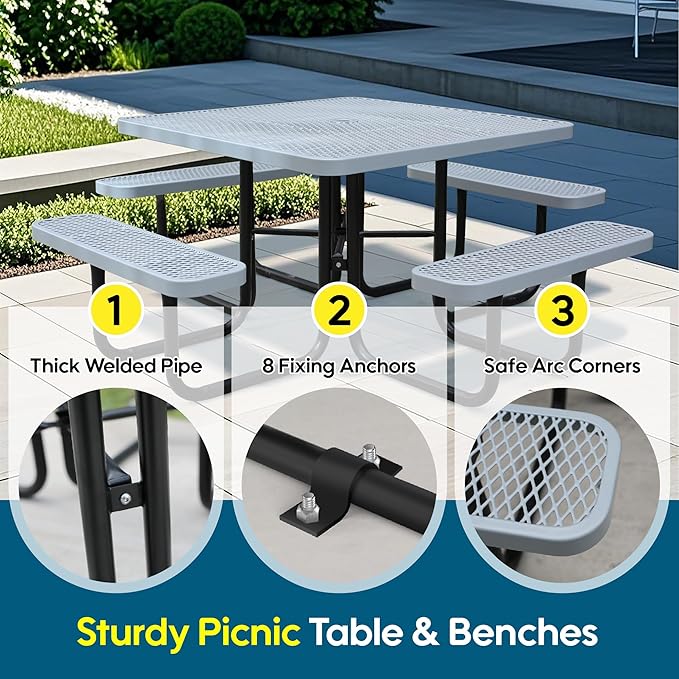 46" Square Picnic Table W/Benches,Heavy Duty Metal Picnic Table Set with 2in Umbrella Hole, 1600 lb Capacity,Commercial Dining Table Furniture for Yard Patio Lawn Party Coffee Shop