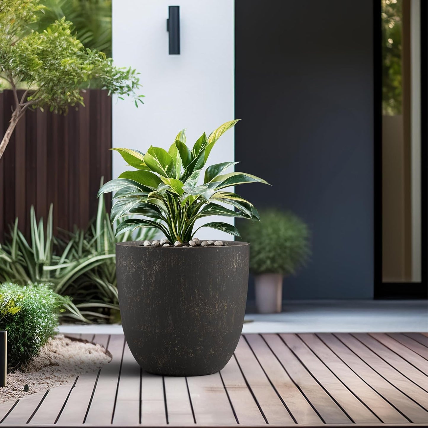 Kante 18 Inch Dia Round Concrete Planter, Indoor Outdoor Large Plant Pot with Drainage Hole and Rubber Plug for Home Patio Garden, Oil Rubbed Bronze