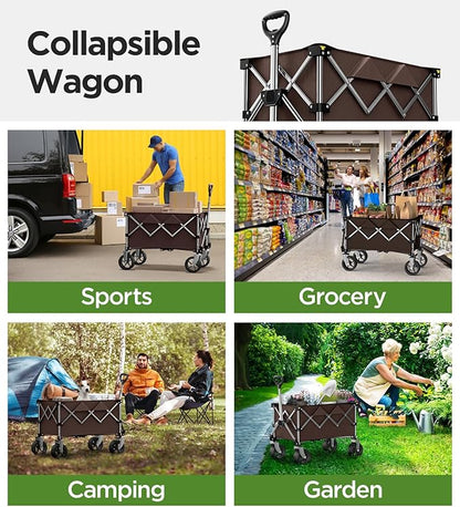 Beach Wagon,CollapsibleWagon 220lbs with Big Wheels Foldable Wagon Carts,Portable Utility for Garden Grocery Sports Camping All Terrain-Khaki