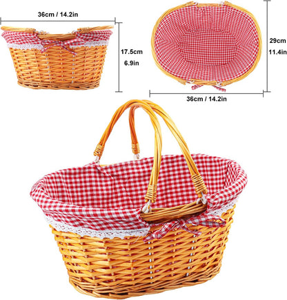 1 Pack 14.2 Inch Natural Wicker Basket with Checkered Lining, Oval Wicker Woven Basket with Handle, Willow Woven Picnic Baskets for Picnic, Camping, Party(Large)