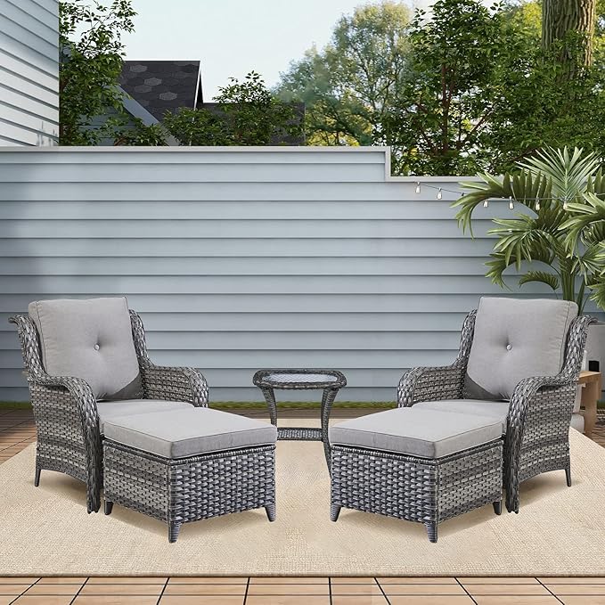 Rilyson Wicker Patio Furniture Set - 5 Piece Rattan Outdoor Sectional Conversation Sets with 2 Chairs,2 Ottomans and 1 Side Table for Porch Deck Garden(Mixed Grey/Grey)