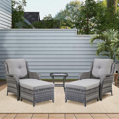 Rilyson Wicker Patio Furniture Set - 5 Piece Rattan Outdoor Sectional Conversation Sets with 2 Chairs,2 Ottomans and 1 Side Table for Porch Deck Garden(Mixed Grey/Grey)
