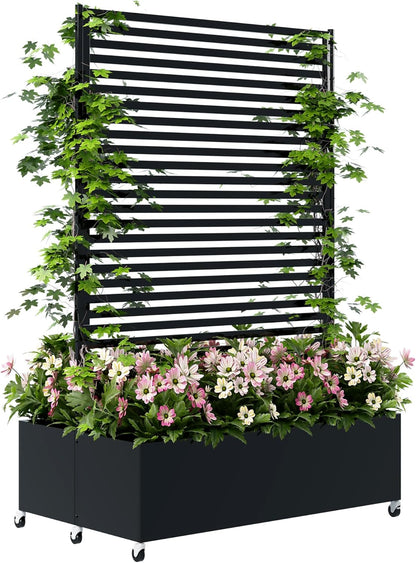 Double Metal Planter Box with Trellis Privacy Screen, Raised Garden Bed with Trellis & Wheels, Planter Box Outdoor with Drainage Holes for Climbing Plants, Vegetable, Vines,73"x 47"x 30", Black