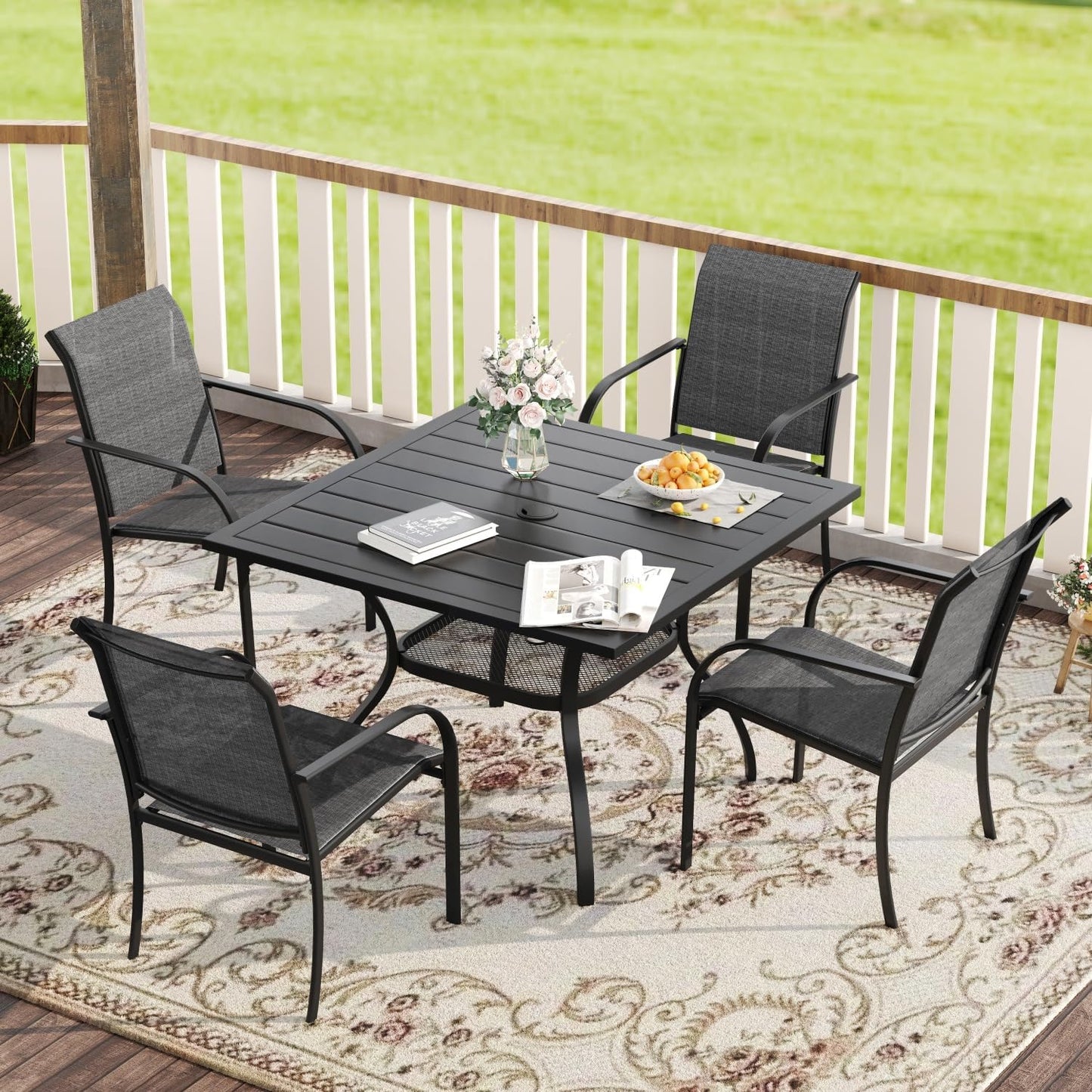 VICLLAX 5 Pieces Patio Dining Set, Outdoor Furniture Set Includes 1 Square Outdoor Table and 4 Stackable Patio Sling Chairs, Black Tabletop and Grey Fabric