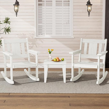 SERWALL 3 Piece Rocking Bistro Set, HDPE Outdoor Patio Table and Chairs, All Weather Outdoor Rocking Set for Backyard,Porch, Poolside, Balcony, and Garden- White
