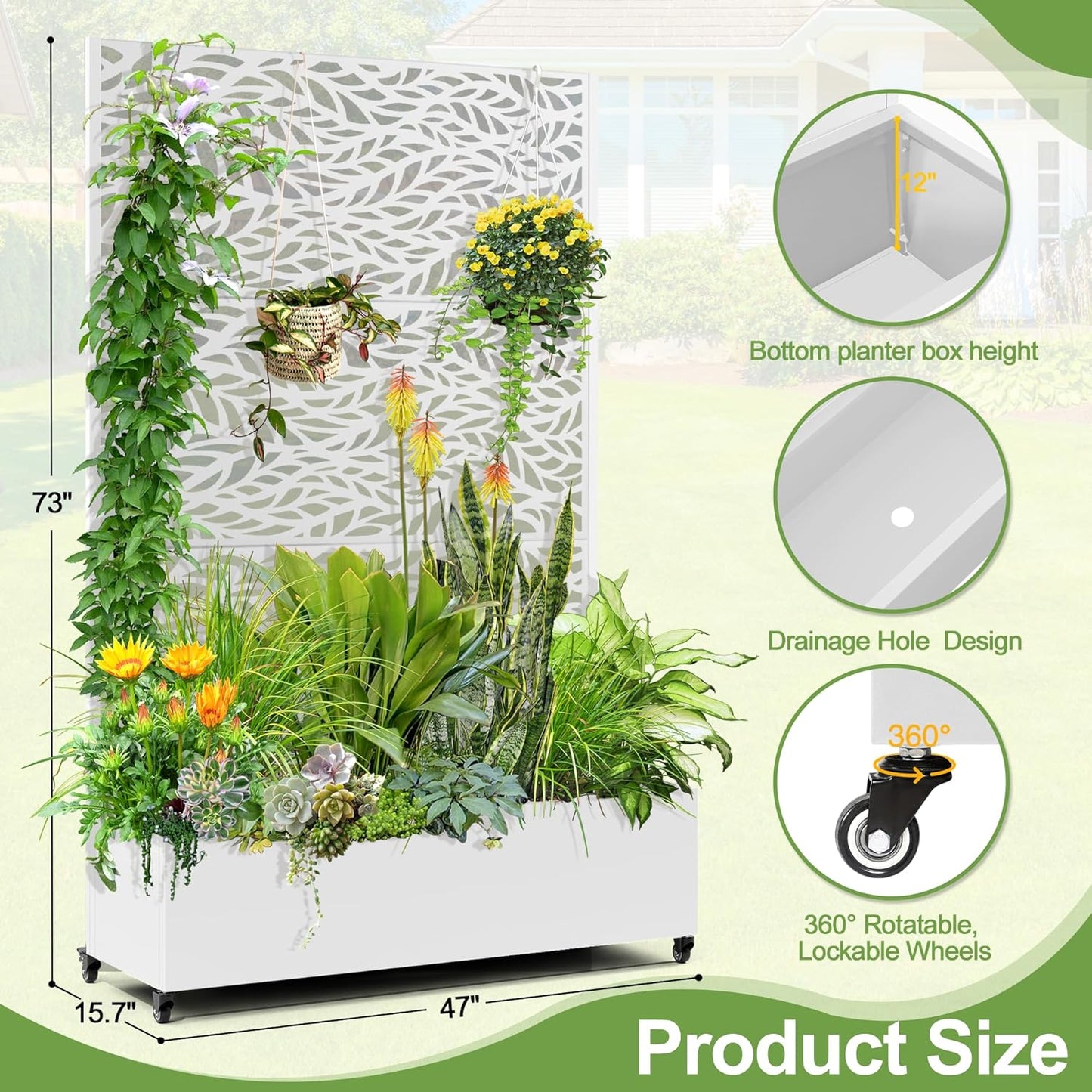 Raised Garden Bed with Trellis and Wheels,73"x47"x16" Metal Raised Garden Bed,White Flowing Leaf Metal Planter with Climbing Trellis for Vines & Vegetables