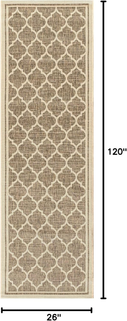 Eyely BMS109A-210 Santa Monica Trebol Moroccan Trellis Textured Weave Indoor/Outdoor Runner Rug Coastal;Bohemian, Bedroom, Backyard, Patio, Easy-Cleaning, Non-Shedding, 2 X 10, Brown/Beige