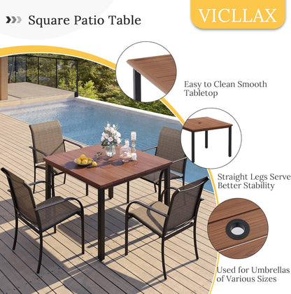 VICLLAX 40.2" Square Patio Dining Table for 4, Outdoor Table with Umbrella Hole, All Weather Metal Patio Table for Lawn Garden, Walnut Wood-Like Tabletop