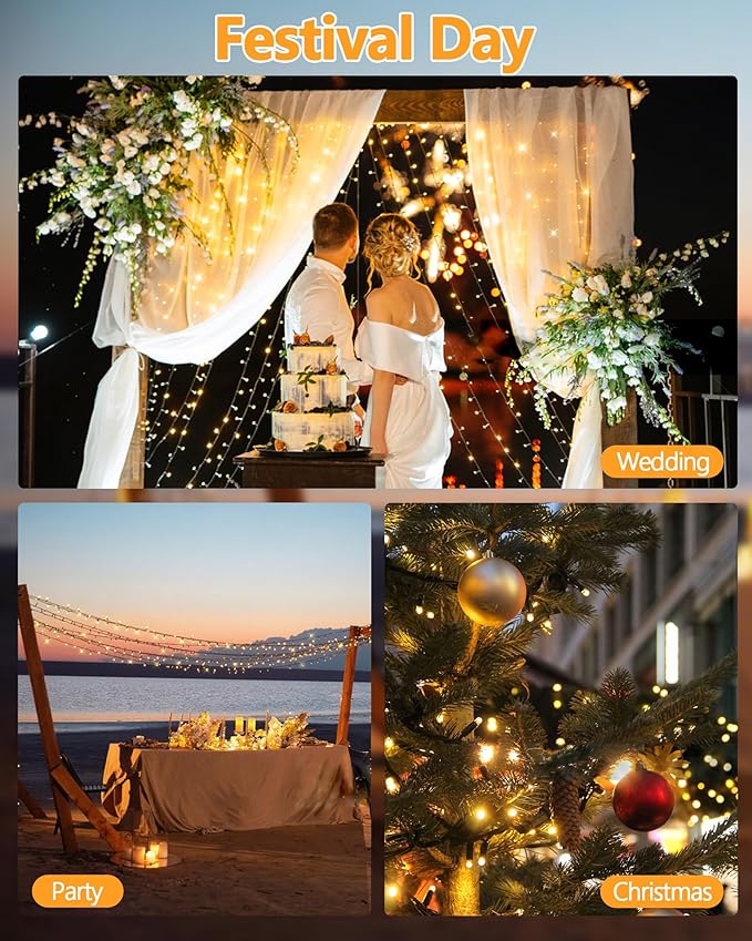 6 Pack Solar Christmas Lights Outdoor Waterproof, 600 LED 198 FT Solar Powered String Lights Outdoor with Green Wire 8 Lighting Modes, Mini LED Xmas Tree Light for Fence Party Decorations, Warm White