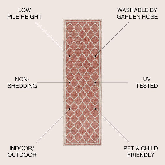 Eyely BMS109C-220 Santa Monica Trebol Moroccan Trellis Textured Weave, Pet Friendly, Non-Shedding, Stain Resistant, Easy-Cleaning, Red/Beige, 2 ft. x 20 ft., Indoor/Outdoor, Runner Rug