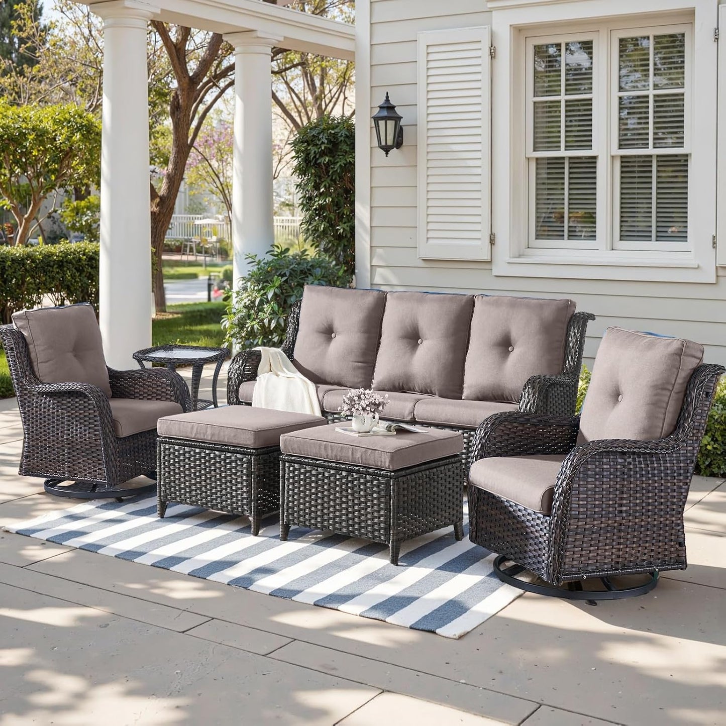 Outdoor Wicker Patio Furniture Set - 6 Piece Rattan Patio Conversation Set with 2 Rocking Swivel Chairs,2 Ottomans,1 Sofa and 1 Side Table for Porch Deck Backyard Garden(Brown/Grey)