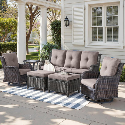 Outdoor Wicker Patio Furniture Set - 6 Piece Rattan Patio Conversation Set with 2 Rocking Swivel Chairs,2 Ottomans,1 Sofa and 1 Side Table for Porch Deck Backyard Garden(Brown/Grey)