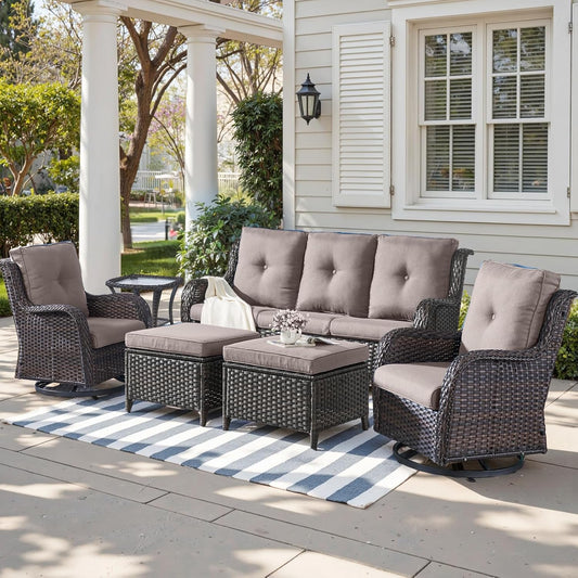 Outdoor Wicker Patio Furniture Set - 6 Piece Rattan Patio Conversation Set with 2 Rocking Swivel Chairs,2 Ottomans,1 Sofa and 1 Side Table for Porch Deck Backyard Garden(Brown/Grey)
