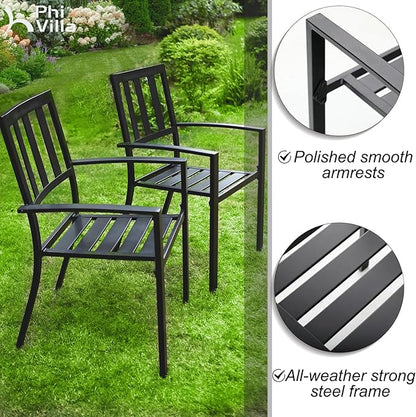 PHI VILLA 3 Piece Outdoor Patio Bistro Dining Set, Slatted Metal Round Table & 2 Patio Chairs, Outdoor Furniture Set for Porch, Deck