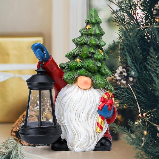 Solar Christmas Gnome Garden Decor Xmas Tree Gnome Outdoor Statue with LED Lantern - Winter Gnome Christmas Holiday Porch Patio Yard Home Decor Gifts for Mom Women, Xmas Tree Gnome