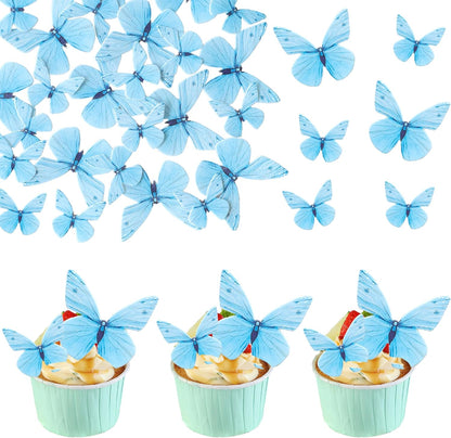 Ephlyn 72Pcs Edible Butterfly Cupcake Toppers 3D Realistic Butterfly Cake Picks Cute Cupcake Decorations for Baby Shower Theme Boys Girls Birthday Party Decorations Blue