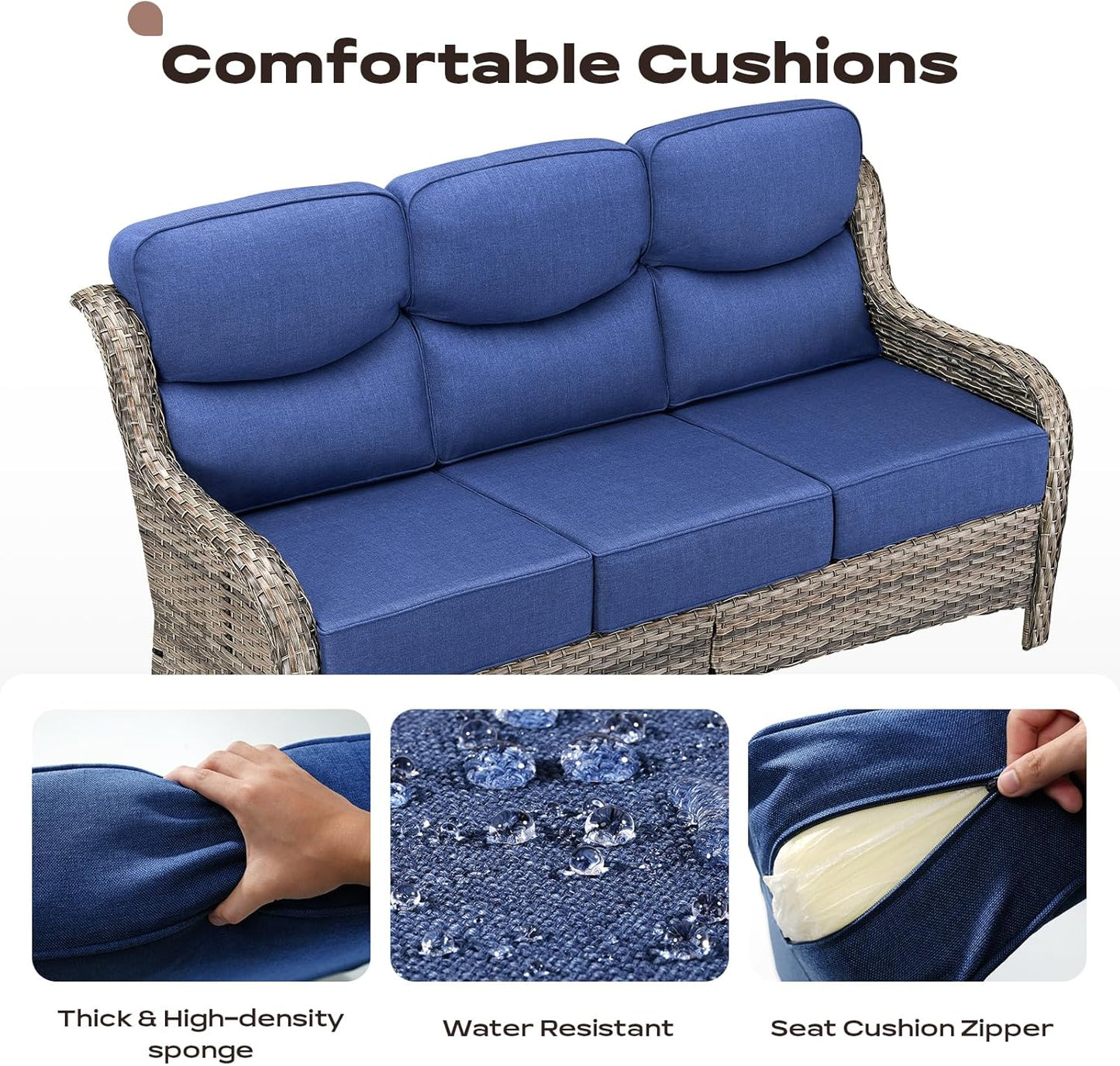 Wicker Outdoor Patio Furniture Set - 6 Piece Patio Conversation Sets with Swivel Rocker Chairs, Ottomans, Sofa and Table, 6 inch Cushions, Deep Seating, for Porch Deck Mixed Grey/Blue