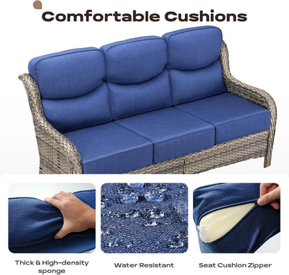 Wicker Outdoor Patio Furniture Set - 8 Piece Patio Conversation Sets with Swivel Rocker Chairs, Ottomans, Sofa and Table, 6 inch Cushions, Deep Seating, for Porch Deck Mixed Grey/Blue