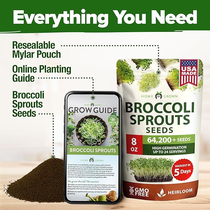 HOME GROWN Broccoli Seeds 8 oz - for Sprouting or Microgreens 𝗡𝗢𝗡-𝗚𝗠𝗢 𝗨𝗦𝗔-𝗦𝗢𝗨𝗥𝗖𝗘𝗗 High Germination Sprout Seeds Nutritious Micro Greens - Broccoli Sprouts in 5 days - Sulforaphane Rich